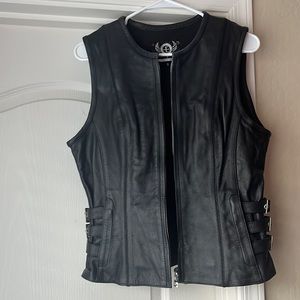 Black zip up leather motorcycle vest heavy duty